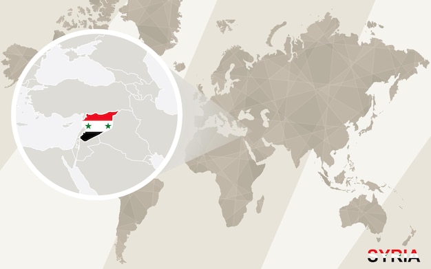 シリアの地図と旗を拡大表示します。世界地図。