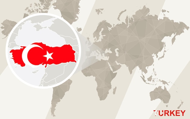 トルコの地図と旗を拡大表示します。世界地図。