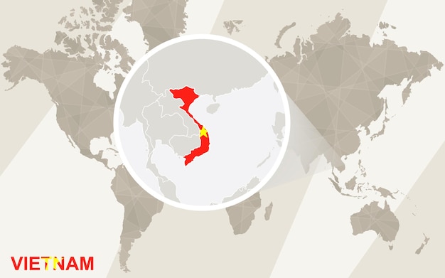 ベトナムの地図と旗を拡大表示します。世界地図。