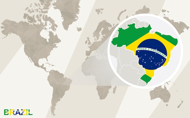 Zoom op de kaart en vlag van Brazilië. Wereldkaart.