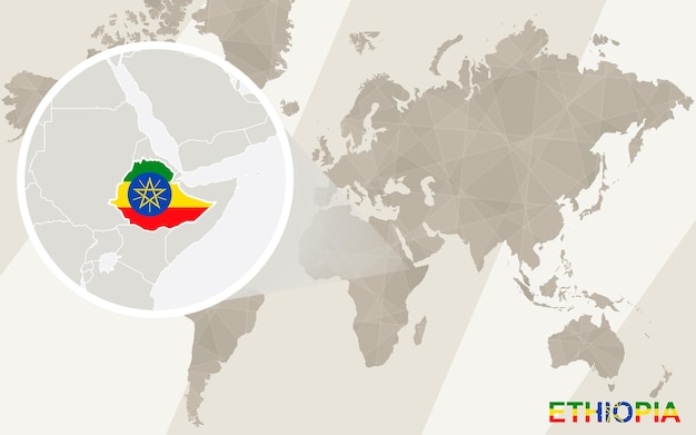 Zoom op ethiopië kaart en vlag. wereldkaart.