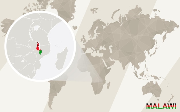 Zoom op malawi-kaart en vlag. wereldkaart.