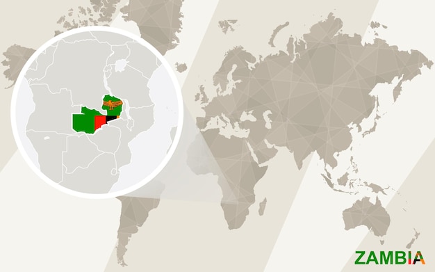 Zoom op zambia kaart en vlag. wereldkaart.