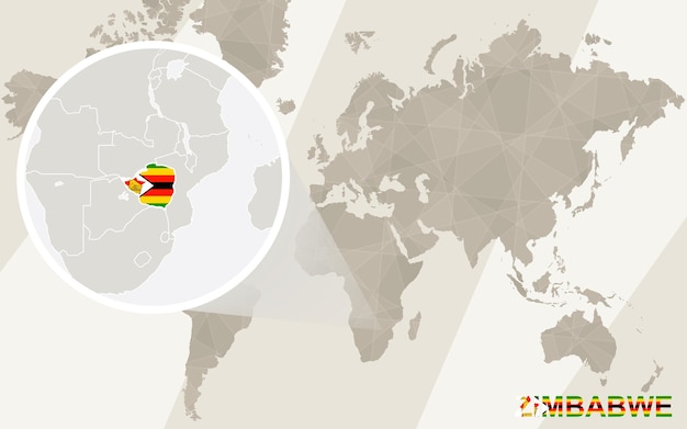 Zoom op zimbabwe kaart en vlag. wereldkaart.