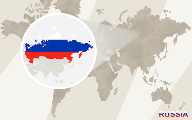 ロシアの地図と旗を拡大表示します。世界地図。