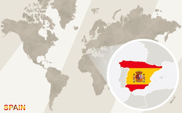 Vector zoom on spain map and flag. world map.