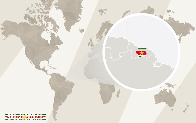 スリナムの地図と旗を拡大表示します。世界地図。