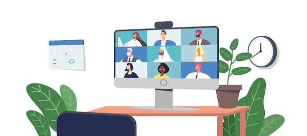 Zoom Teleconference, Workers Webcam Group with Coworkers on via Zoom. Business Characters on Pc Screen. Office Employees Speak on Video Call on Online Briefing. Cartoon People Vector Illustration