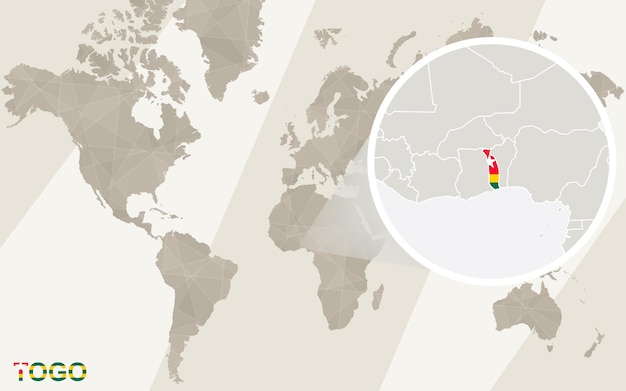 Zoom on togo map and flag. world map.