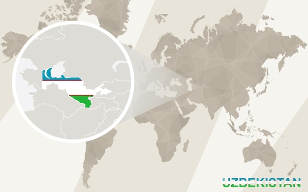 Ingrandisci la mappa e la bandiera dell'uzbekistan. mappa del mondo.