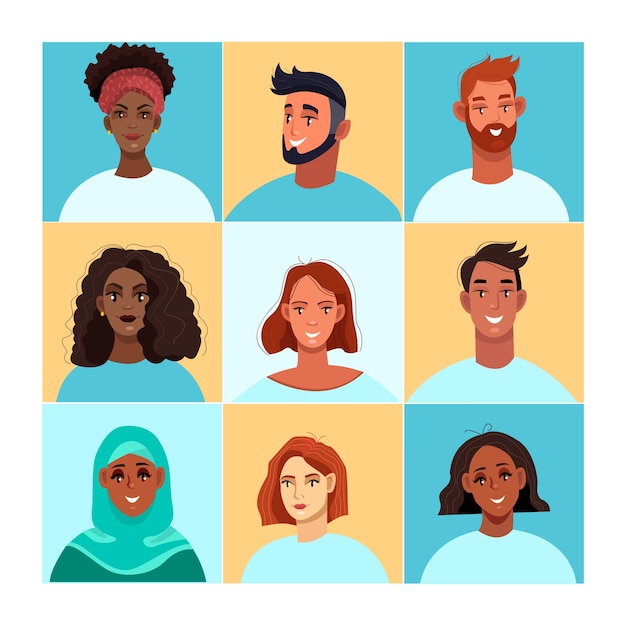 Zoom video conference illustration with diverse peoples faces. group video call flat concept