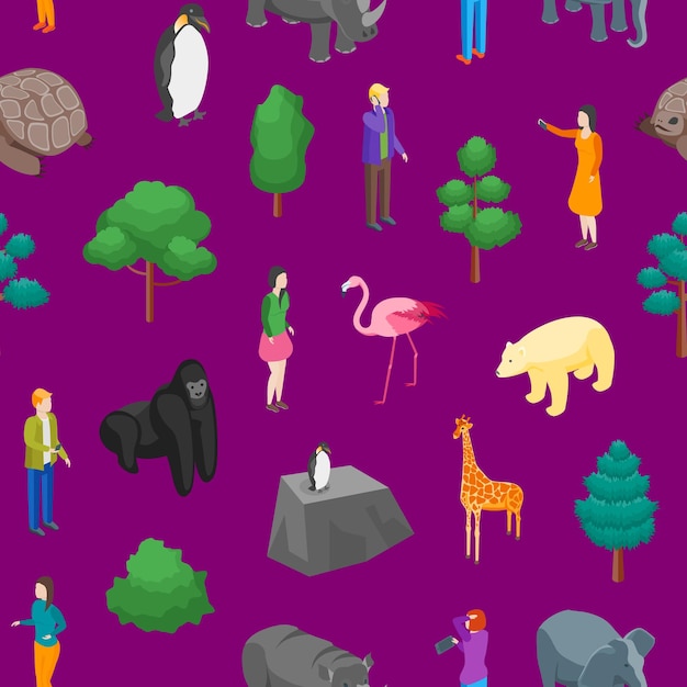 Вектор zooseamless pattern background 3d изометрический вид природный парк дикой природы животных векторная иллюстрация зоологического сада
