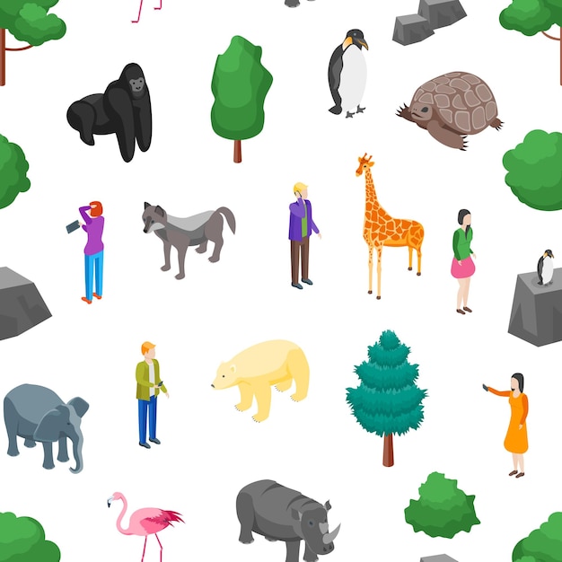 Вектор zooseamless pattern background on a white 3d isometric view animal wildlife nature park векторная иллюстрация зоологического сада