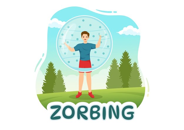 Illustrazione di zorbing con persone che giocano a bubble bump sul campo verde in modelli disegnati a mano dei cartoni animati