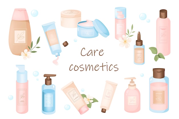 Zorg cosmetica elementen geïsoleerde set. Bundel van flessen, potten en tubes met crèmes, lotions, zeep, shampoo, scrub en andere producten voor de gezichts- en lichaamshuid. Vectorillustratie in plat cartoonontwerp