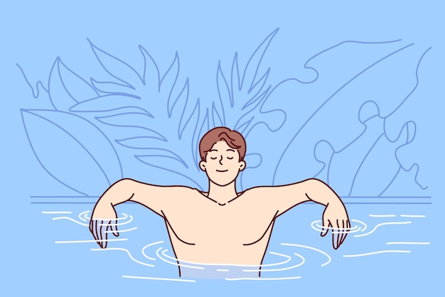 Zorgeloos man is in zwembad in de buurt van tropische planten uitgestrekte armen leunt op plint Vector afbeelding