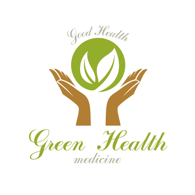 Zorgzame handen met groene lentebladeren. Wellnesscentrum abstract modern embleem voor gebruik in medische en sociale themareclame.