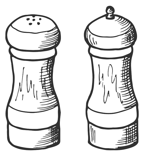 Zout en peper shakers schets Voedsel kruiderij geïsoleerd op een witte achtergrond