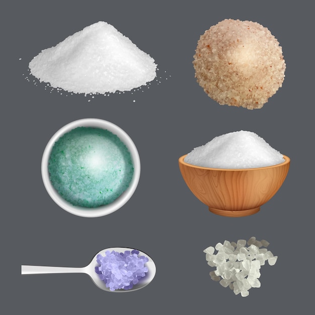 Vector zout realistisch productingrediënten voor gastronomische keukenartikelen voor het bereiden van voedsel fatsoenlijke vectorzoutafbeeldingen geïsoleerd
