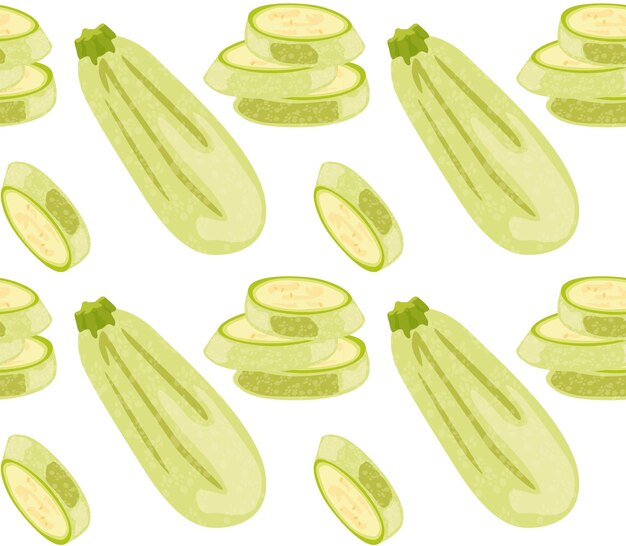 Vettore zucchine intere e tagliate a fette modello senza cuciture nel vettore illustrazione alimentare figure isolate