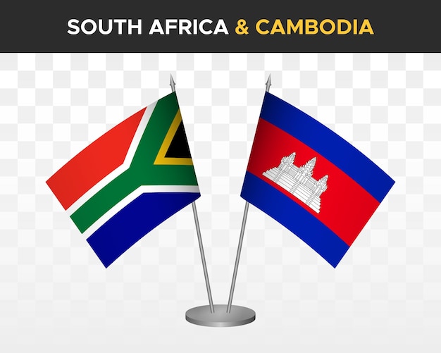 Zuid-Afrika vs Cambodja Bureau vlaggen mockup geïsoleerde 3d vector illustratie tafel vlaggen
