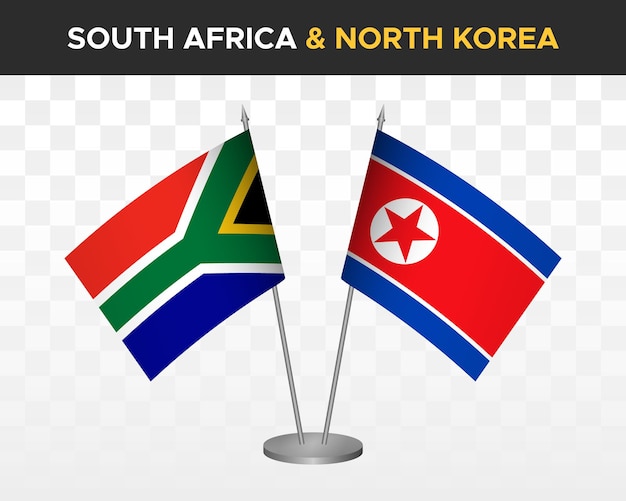 Zuid-Afrika vs Noord-Korea dpr bureauvlaggen mockup geïsoleerde 3d vector illustratie tafelvlaggen