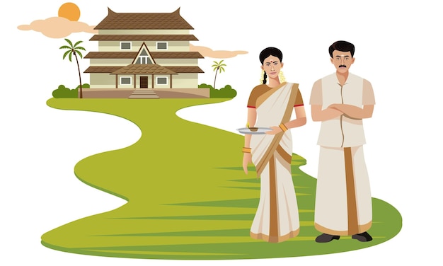 Vector zuid-indiase traditionele kerala man en vrouw staan voor het huis vector