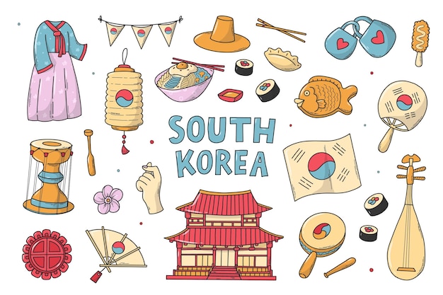 Zuid-Korea doodles collectie cartoon elementen clipart voor stickers afdrukken planners kaarten