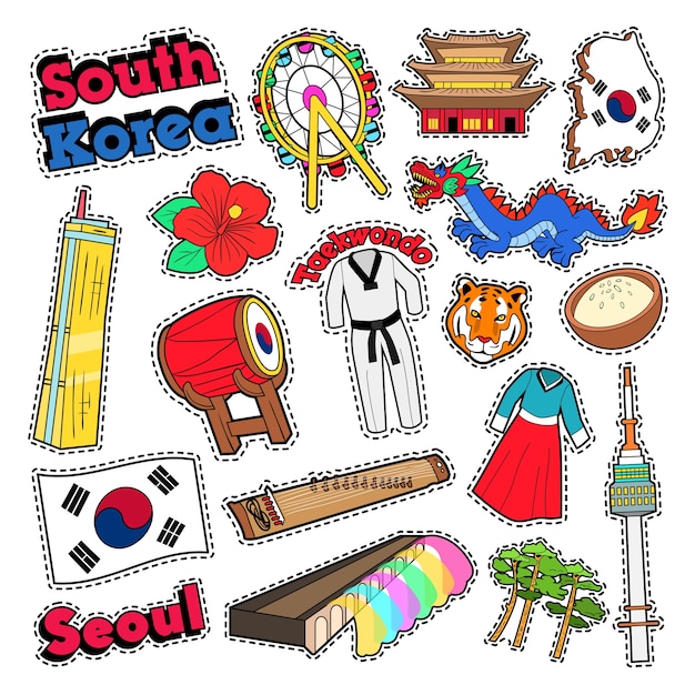 Zuid-Korea reiselementen met architectuur en Taekwondo. Vector Doodle