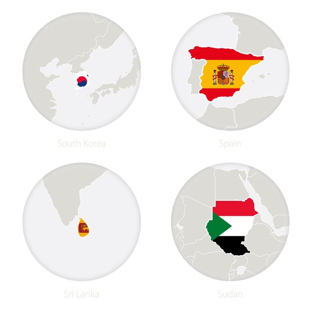 Zuid-Korea, Spanje, Sri Lanka, Soedan kaart contour en nationale vlag in een cirkel. Vectorillustratie.