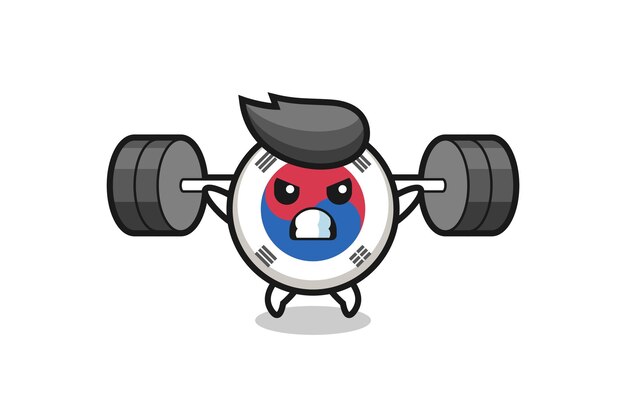 Zuid-korea vlag mascotte cartoon met een barbell, schattig ontwerp