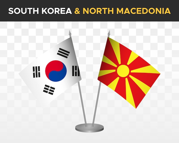 Zuid-Korea vs Noord-Macedonië Bureau vlaggen mockup geïsoleerde 3d vector illustratie tafel vlaggen