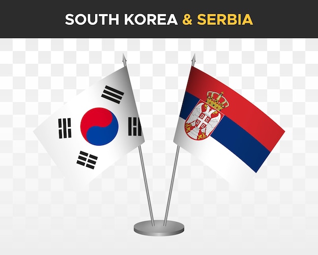 Zuid-Korea vs Servië Bureau vlaggen mockup geïsoleerde 3d vector illustratie tafel vlaggen