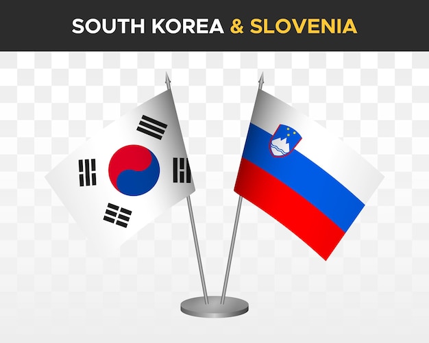 Zuid-korea vs slovenië bureau vlaggen mockup geïsoleerde 3d vector illustratie tafel vlaggen