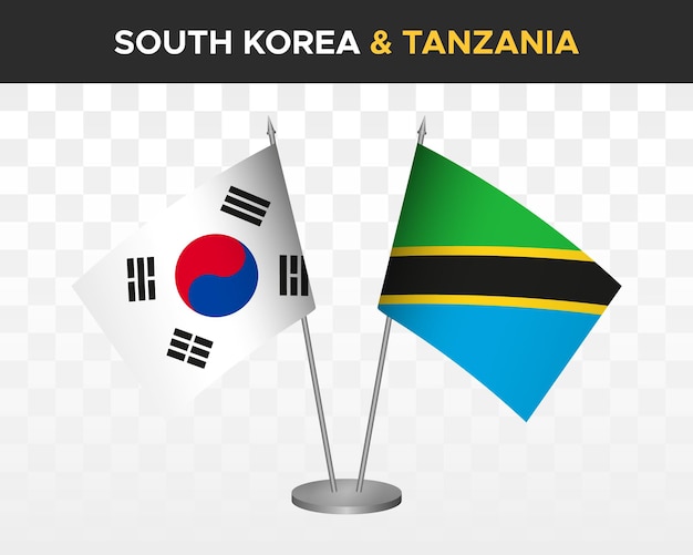 Zuid-Korea vs Tanzania Bureauvlaggen mockup geïsoleerde 3d vector illustratie tafelvlaggen