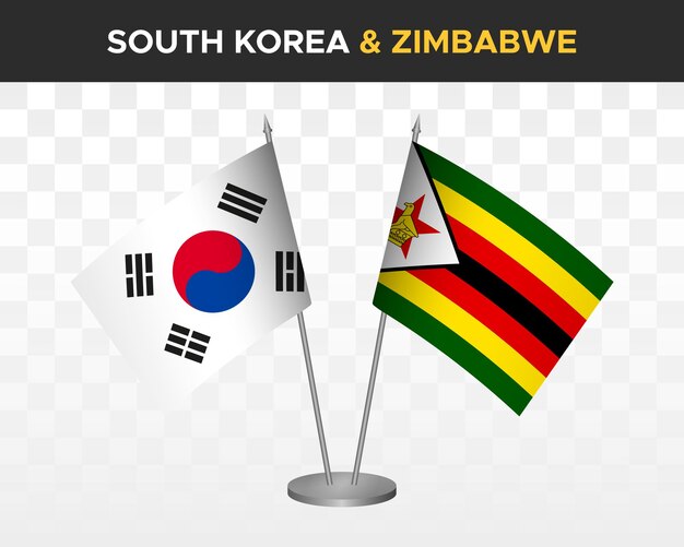 Zuid-korea vs zimbabwe bureau vlaggen mockup geïsoleerde 3d vector illustratie tafel vlaggen