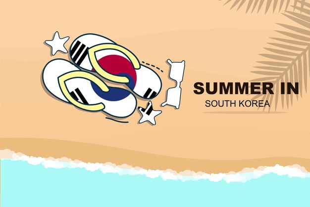 Zuid-Korea zomervakantie vector banner strandvakantie slippers zonnebril zeester op zand