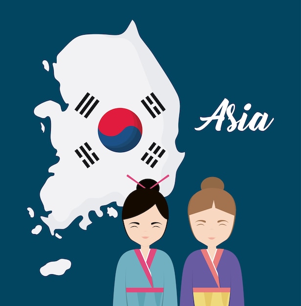 Zuid-Koreaanse kaart en Koreaanse meisjes met traditionele klederdracht