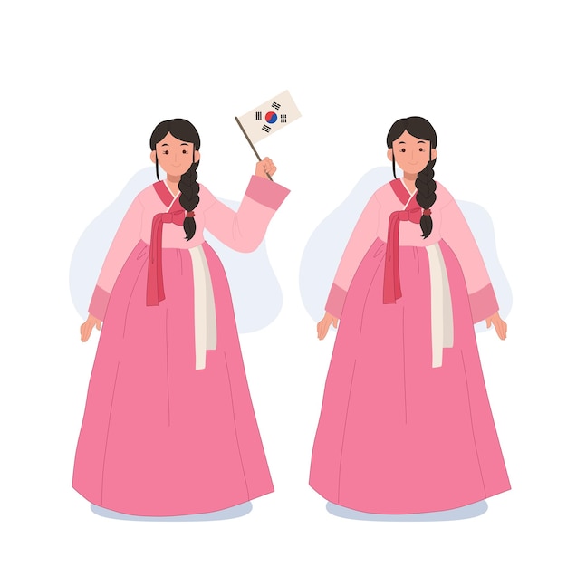 Zuid-koreaanse vrouw in traditionele kleding hanbok zuid-koreaanse vrouw met zuid-koreaanse vlag vectorillustratie