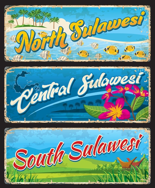 Zuid-noord- en centraal-sulawesi indonesische reisplaten en stickers indonesië provincie reizen vintage tinnen teken of aziatische vakantie tour vector briefkaart sticker met plumeria bloem en rijst schuren