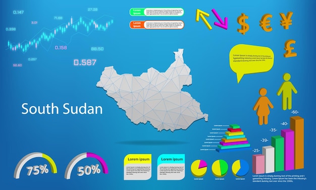 Zuid-Soedan kaart info grafische grafieken symbolen elementen en pictogrammen collectie Gedetailleerde kaart van Zuid-Soedan met hoogwaardige zakelijke infographic elementen