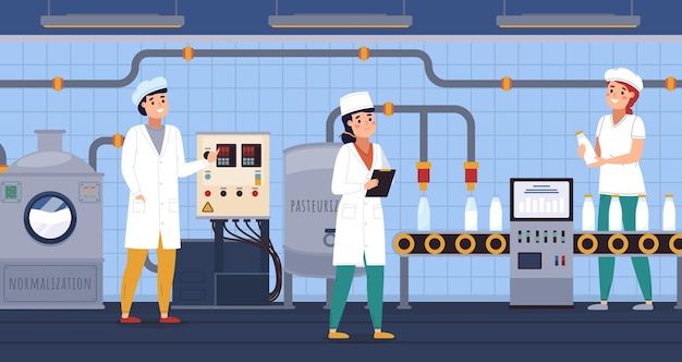 Zuivelfabriek mensen Melk fabrieksarbeiders productverpakking in containers automatisch bottelen proces monitoring operatie geautomatiseerde lijn voedingsindustrie vector geïsoleerd concept