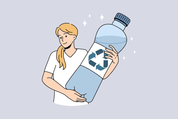 Zuiver water en recyclingconcept. Jonge positieve blonde vrouw die staat en een enorme fles zuiver drinkwater vasthoudt met het teken van de recycling van ecologie, vectorillustratie