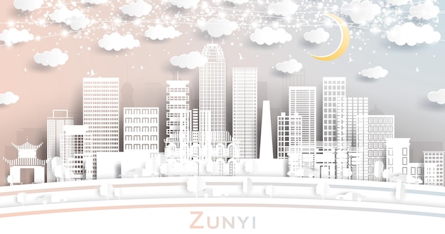 Zunyi China City Skyline in Paper Cut Style met witte gebouwen Maan en Neon Garland