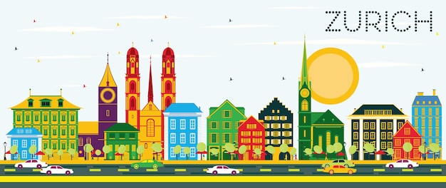 Zurich Skyline with Color Buildings and Blue Sky. Vector Illustration. Business Travel and Tourism Concept with Zurich Historic Buildings. Image for Presentation Banner Placard and Web.