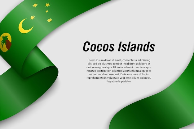 Zwaaiend lint of spandoek met vlag van Cocos Islands State of Australia Sjabloon voor posterontwerp