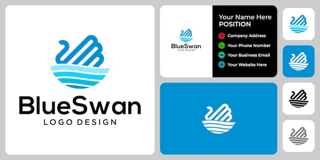 Zwaan logo ontwerp met sjabloon voor visitekaartjes.