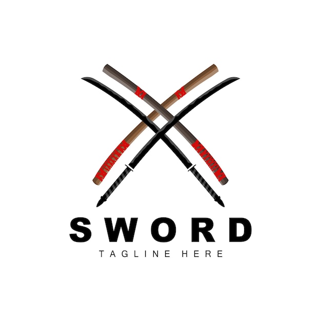 Zwaard Logo Samurai Katana Monochroom Ontwerp Vector Oorlog Wapen Snijgereedschap Sjabloon Pictogram