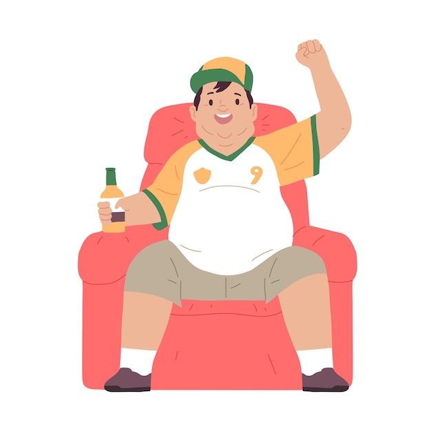 Zwaarlijvige man zit op de bank bier te drinken en televisie te kijken