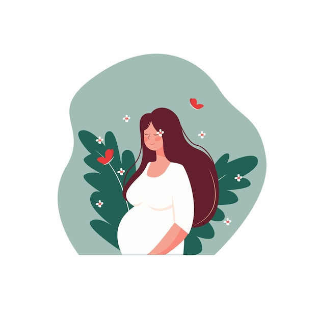 zwanger meisje Affiche met mooie jonge zwangere vrouw met lang haar Minimalistisch ontwerp plat c